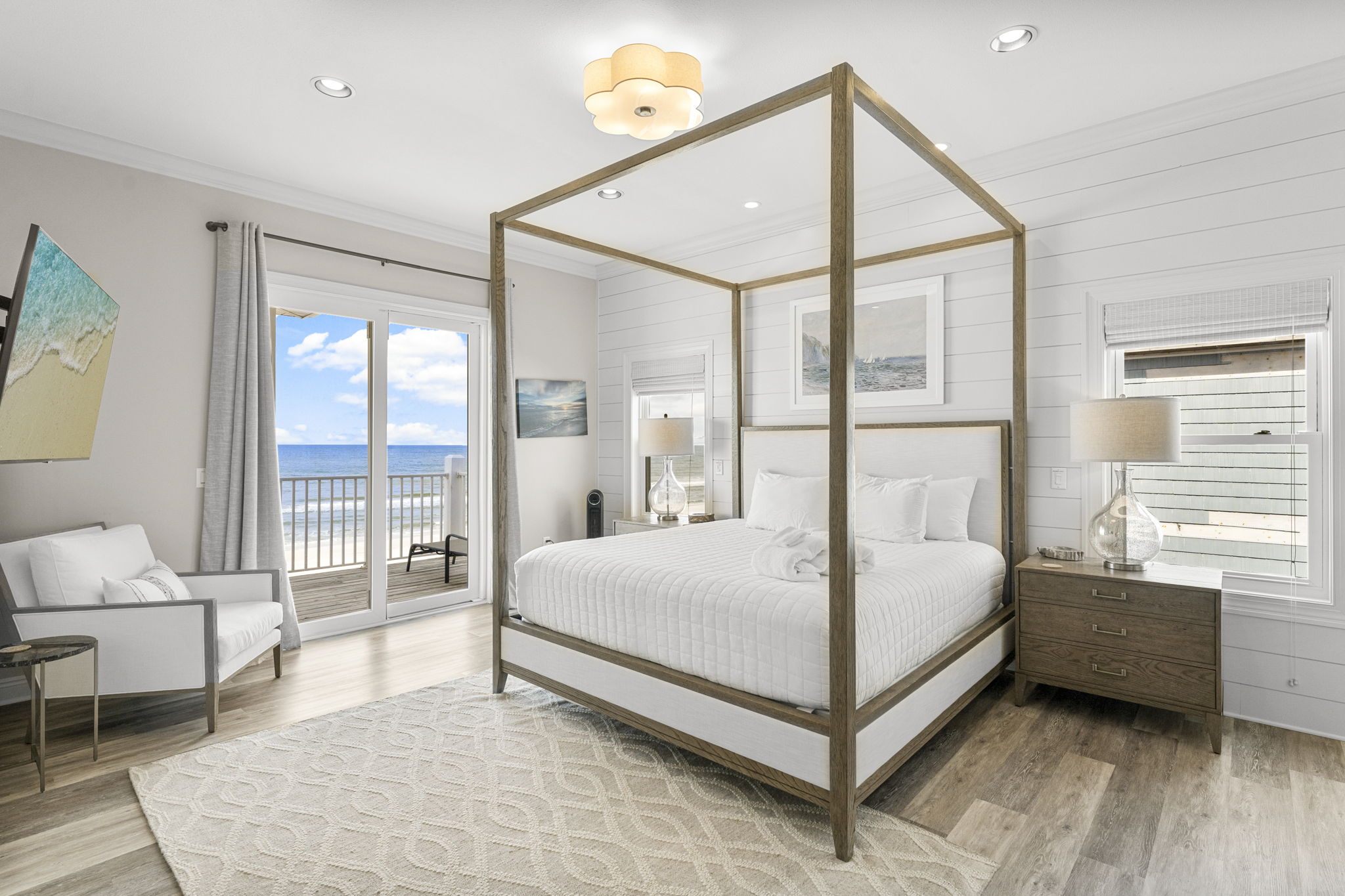 Master bedroom with king bed and Gulf views at Sunny Times Beach House Cape San Blas